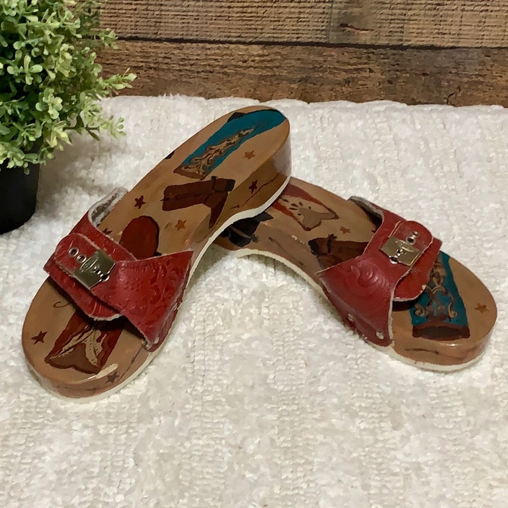 Dr Scholl’s Vintage Hand Painted Wooden Exercise Sandal Clog